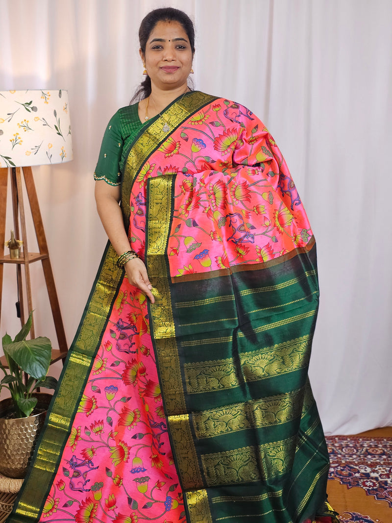Deep Pink with Bottle Green Handloom Korvai Kalamkari Printed Kanchi Silk Cotton