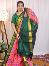 Deep Pink with Bottle Green Handloom Korvai Kalamkari Printed Kanchi Silk Cotton