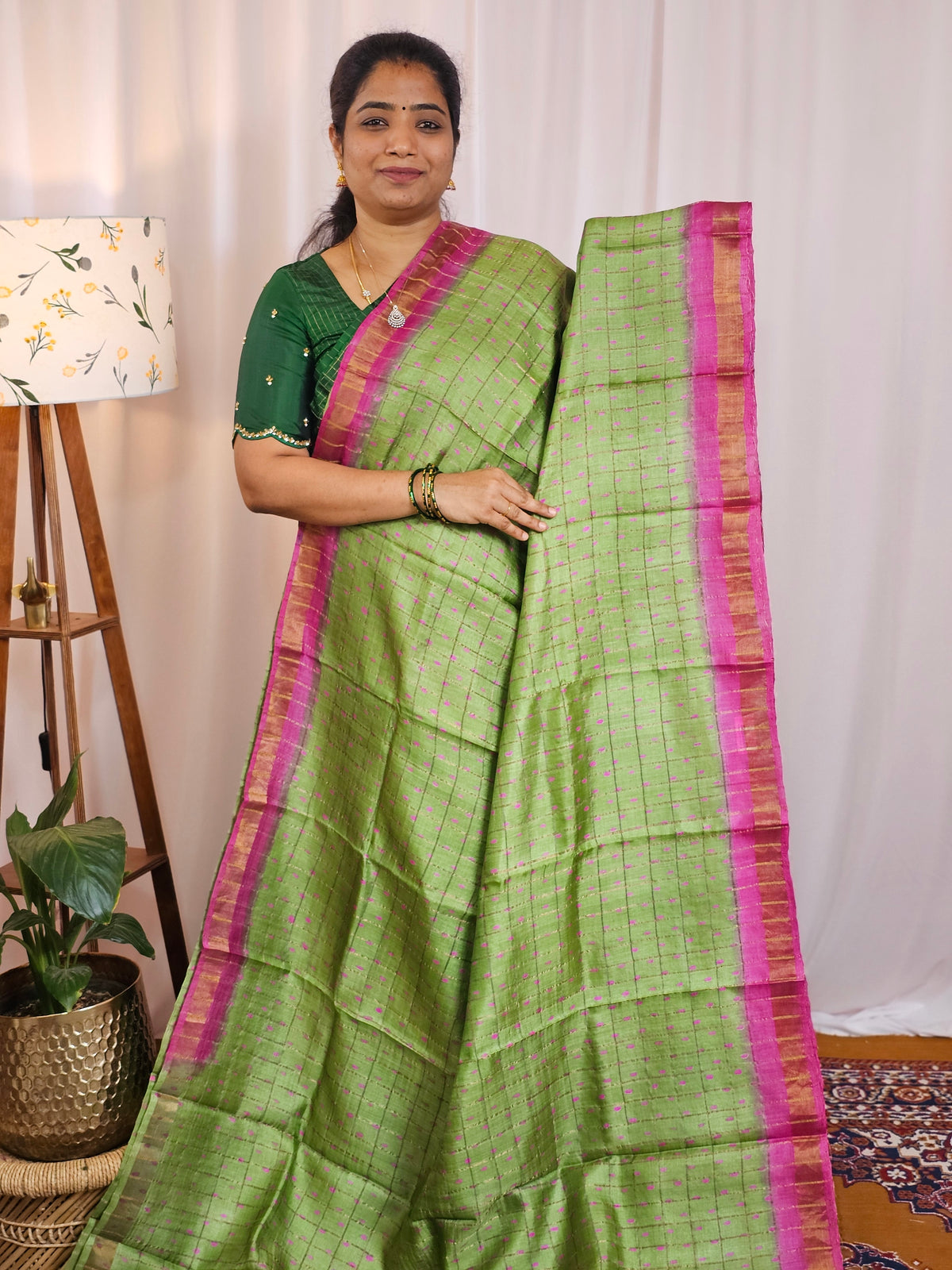 Pure Tussar Silk with Hand Paint - Green with Pink