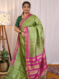 Pure Tussar Silk with Hand Paint - Green with Pink