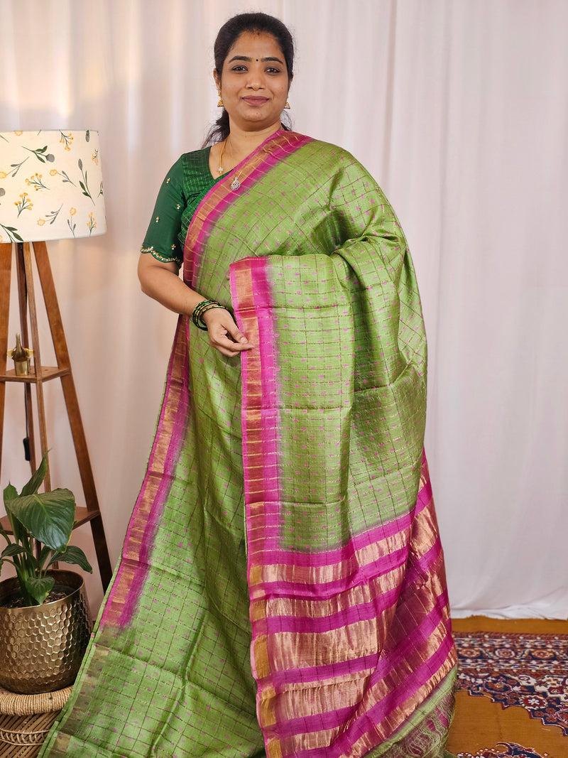 Pure Tussar Silk with Hand Paint - Green with Pink