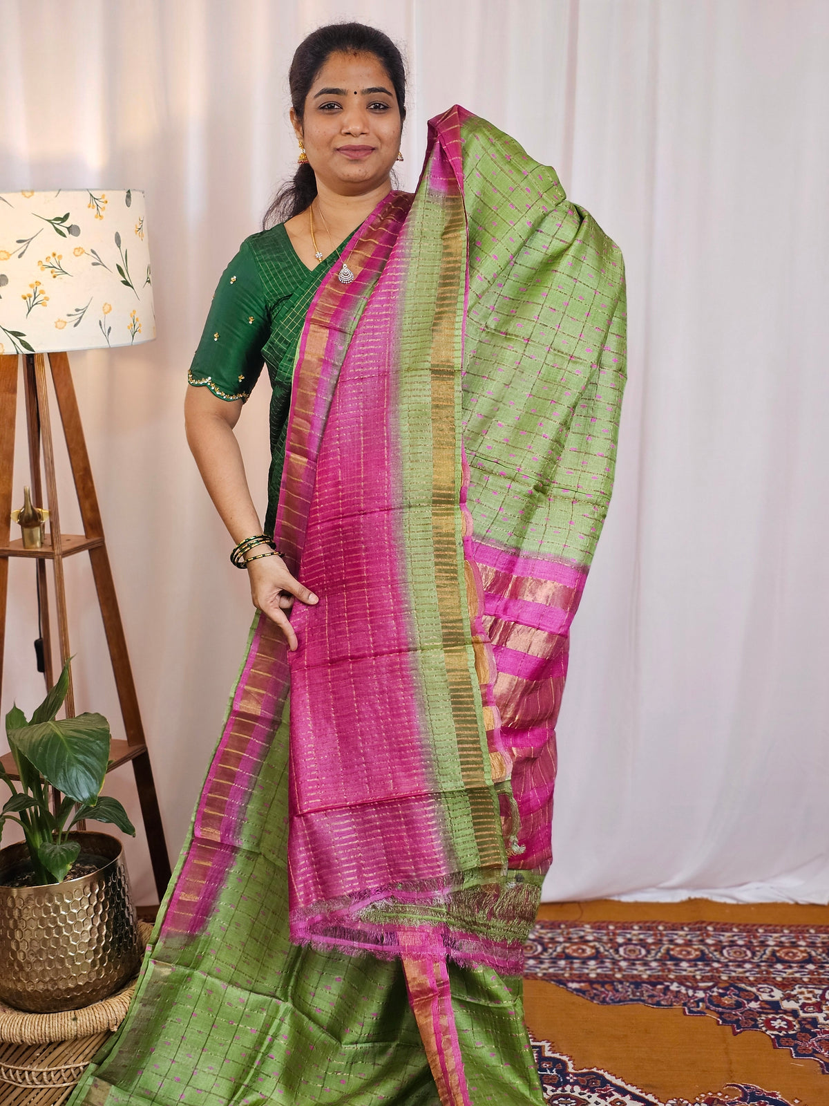 Pure Tussar Silk with Hand Paint - Green with Pink