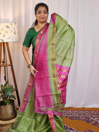 Pure Tussar Silk with Hand Paint - Green with Pink