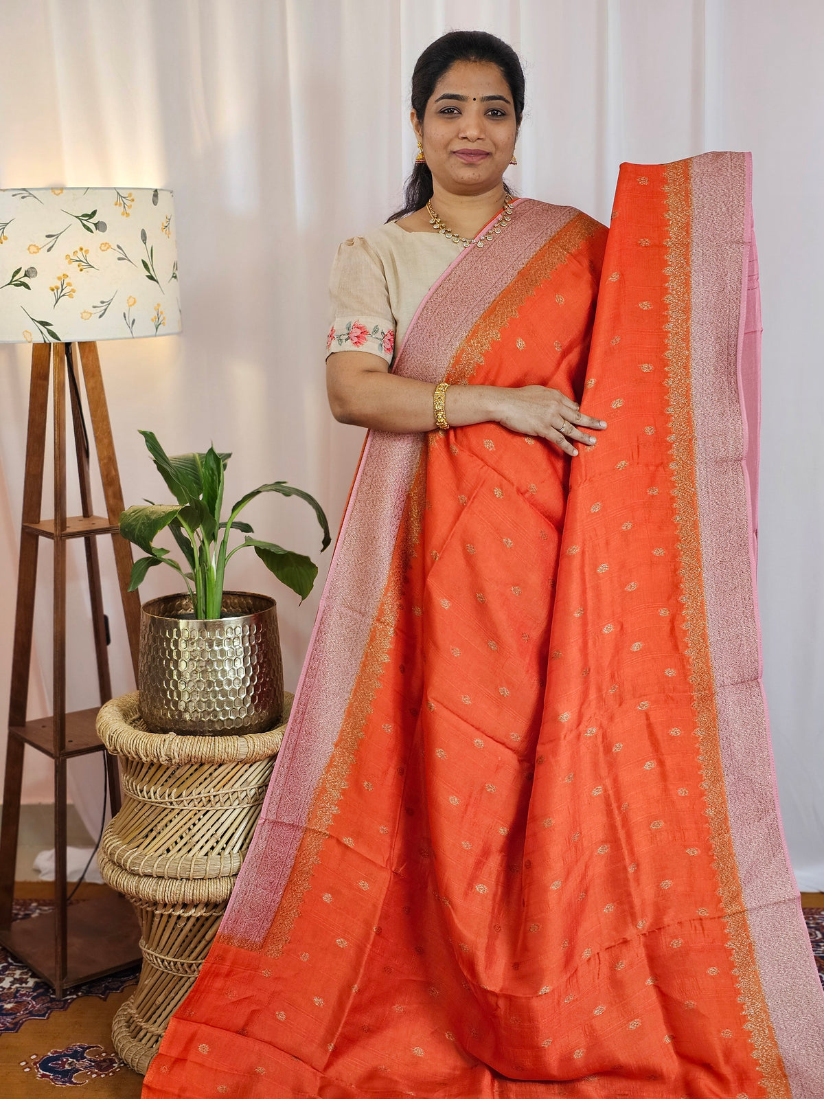 Jute Banarasi Silk Saree - Orange with Pink