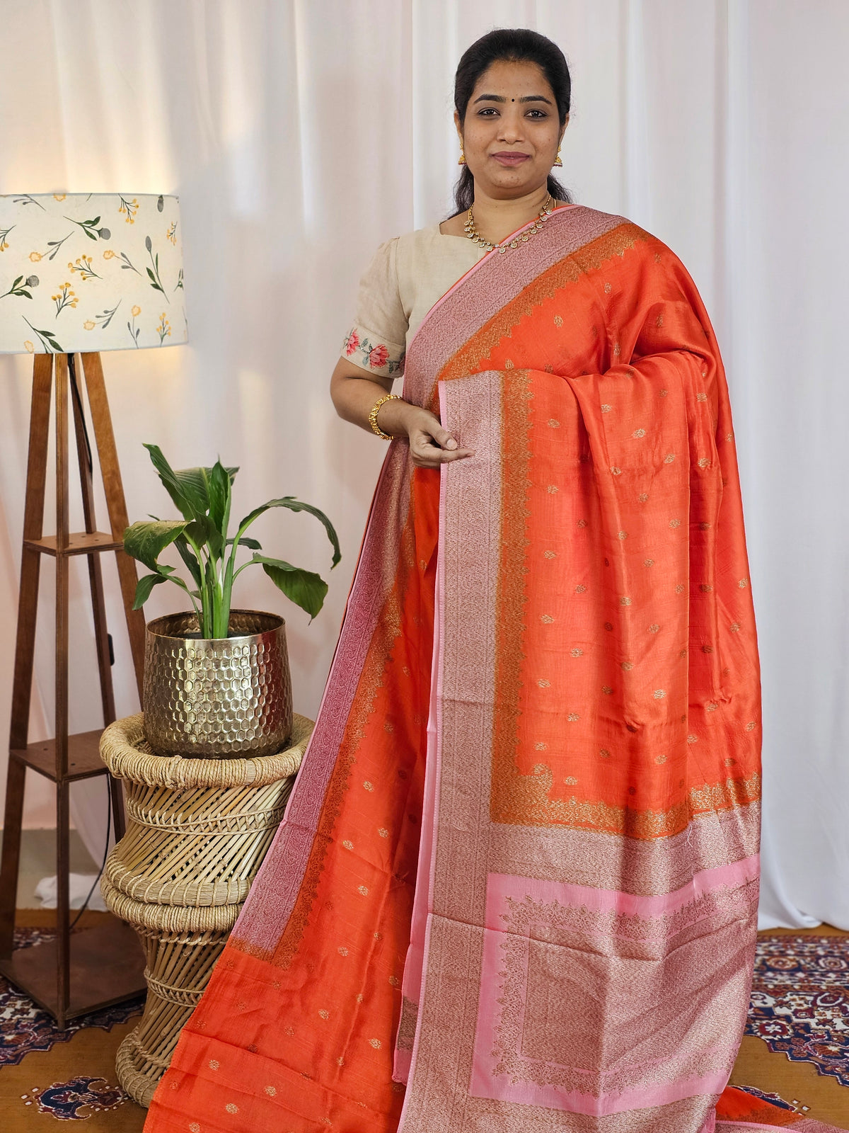Jute Banarasi Silk Saree - Orange with Pink