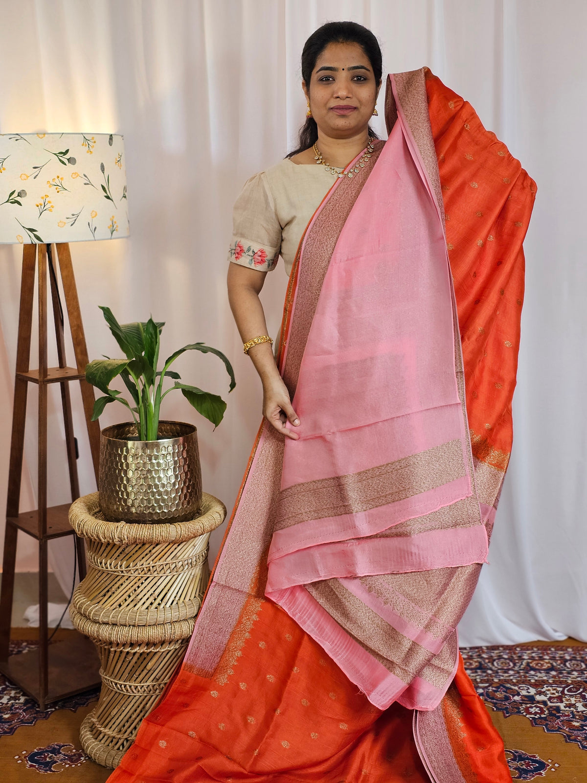 Jute Banarasi Silk Saree - Orange with Pink