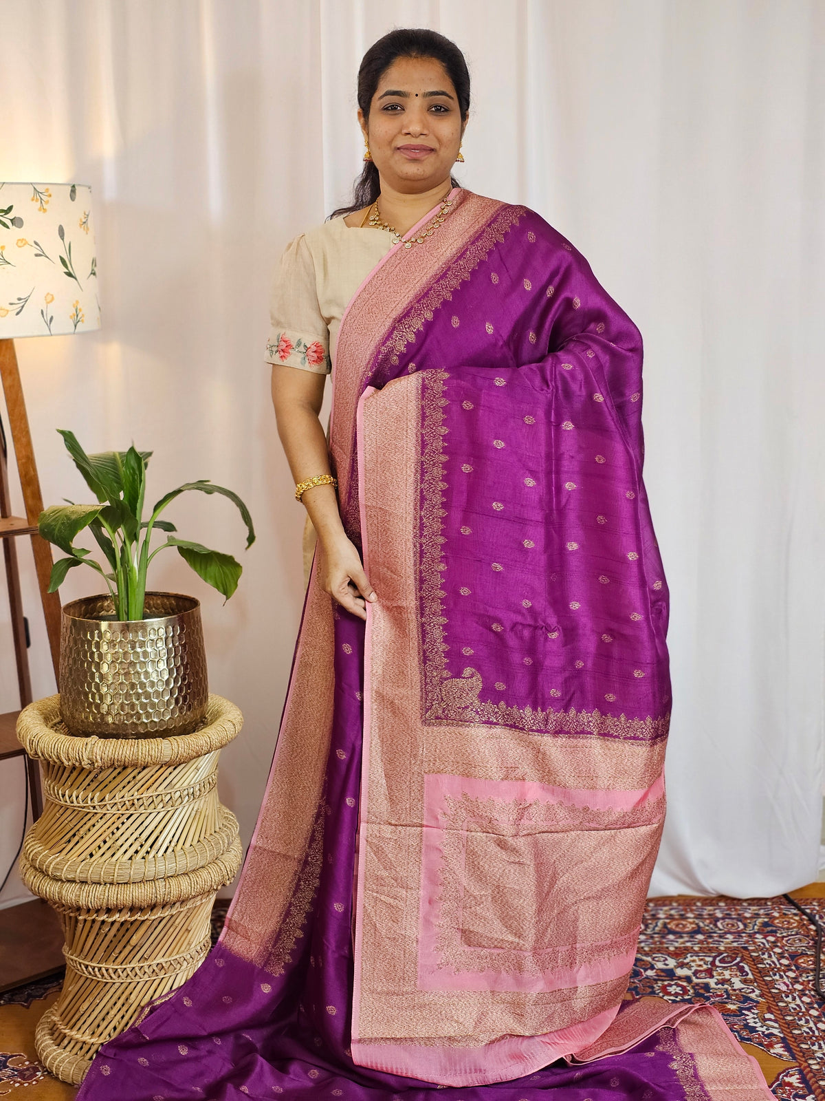 Jute Banarasi Silk Saree - Purple with Pink