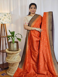 Jute Banarasi Silk Saree - Rust Orange with Brown