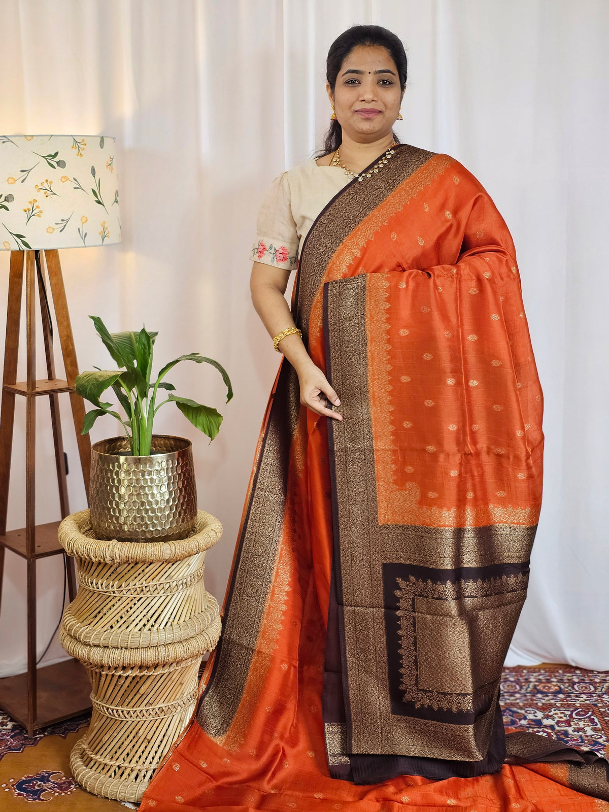 Jute Banarasi Silk Saree - Rust Orange with Brown