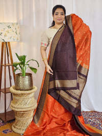 Jute Banarasi Silk Saree - Rust Orange with Brown
