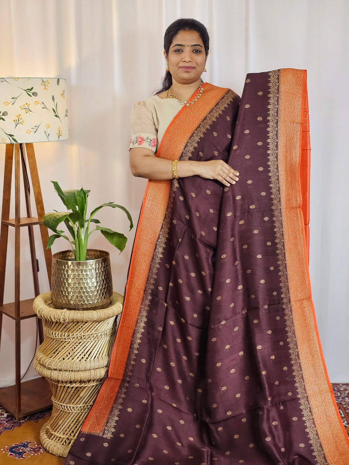 Jute Banarasi Silk Saree - Brown with Orange