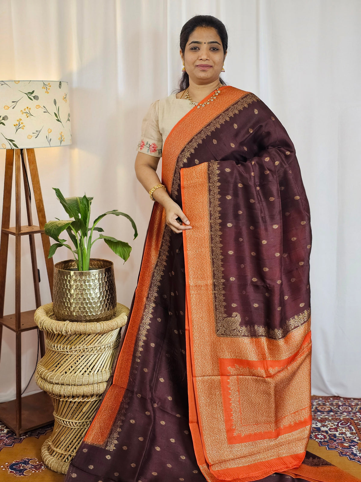 Jute Banarasi Silk Saree - Brown with Orange