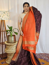 Jute Banarasi Silk Saree - Brown with Orange
