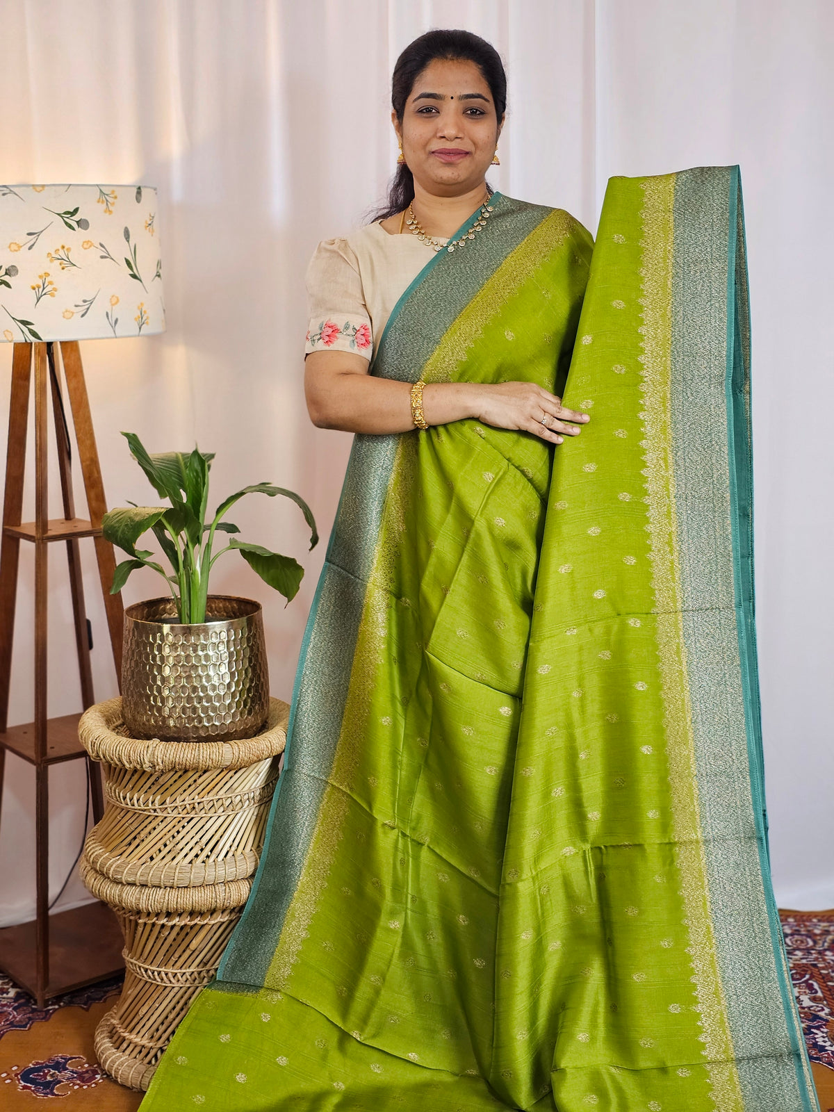 Jute Banarasi Silk Saree - Green with Teal Green