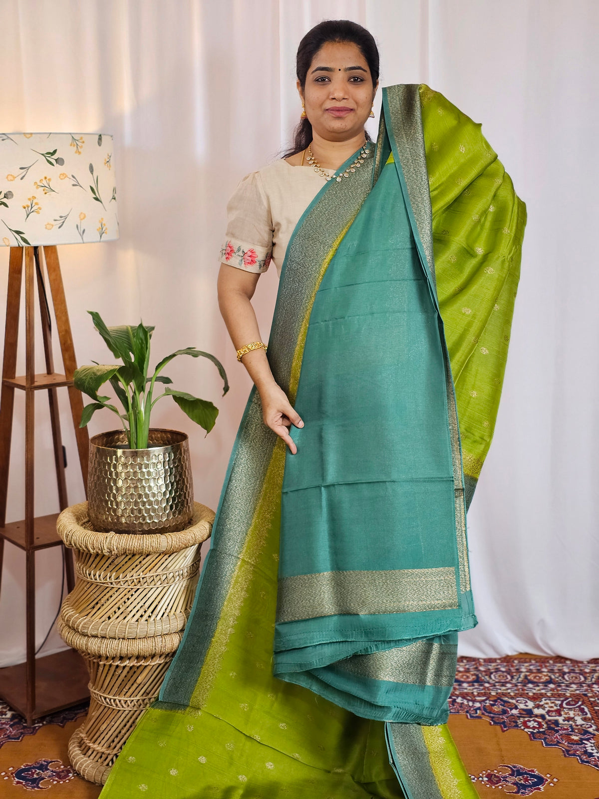 Jute Banarasi Silk Saree - Green with Teal Green