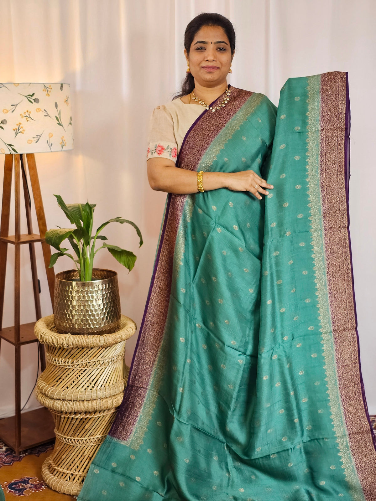 Jute Banarasi Silk Saree - Teal Green with Purple