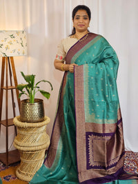 Jute Banarasi Silk Saree - Teal Green with Purple
