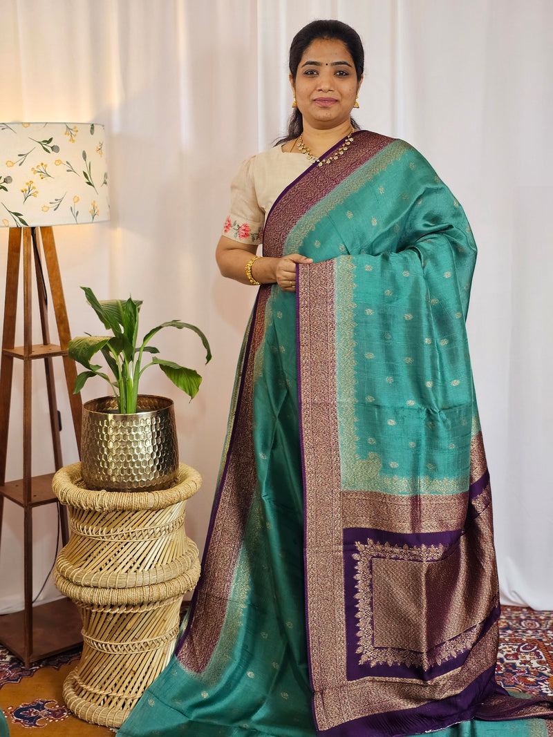 Jute Banarasi Silk Saree - Teal Green with Purple
