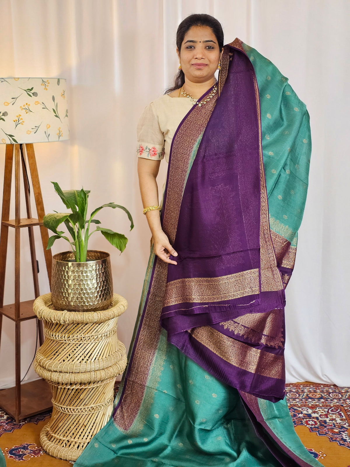Jute Banarasi Silk Saree - Teal Green with Purple