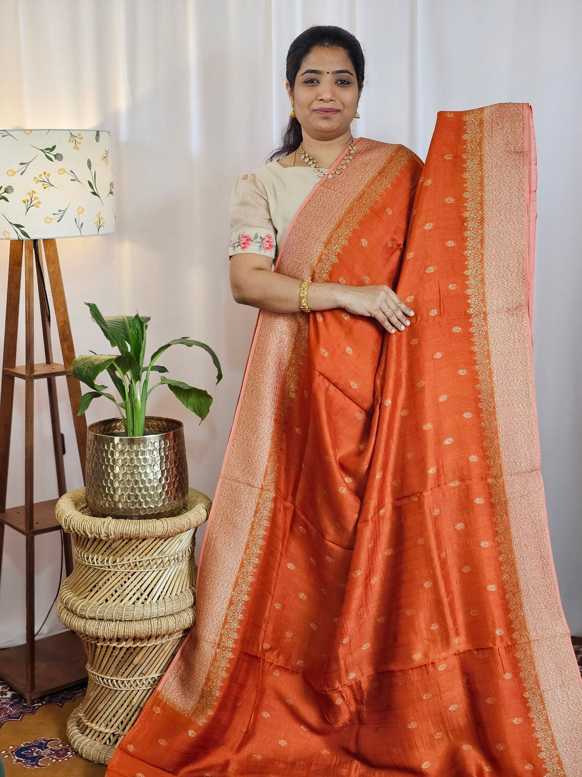 Jute Banarasi Silk Saree - Rust Orange with Peach