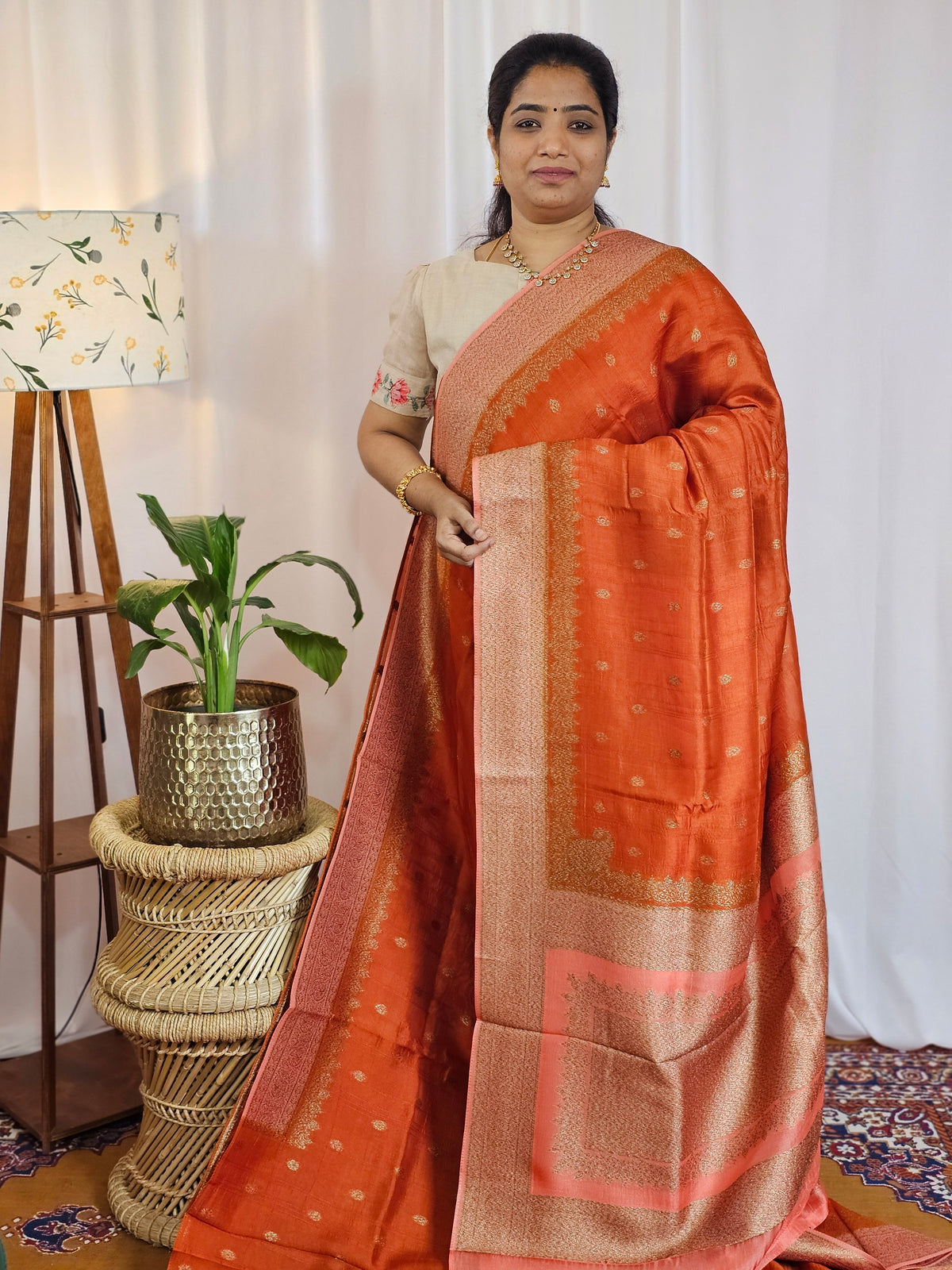 Jute Banarasi Silk Saree - Rust Orange with Peach