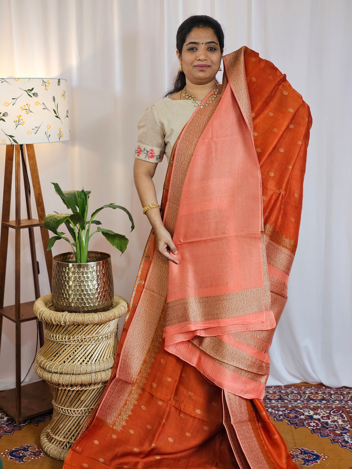 Jute Banarasi Silk Saree - Rust Orange with Peach