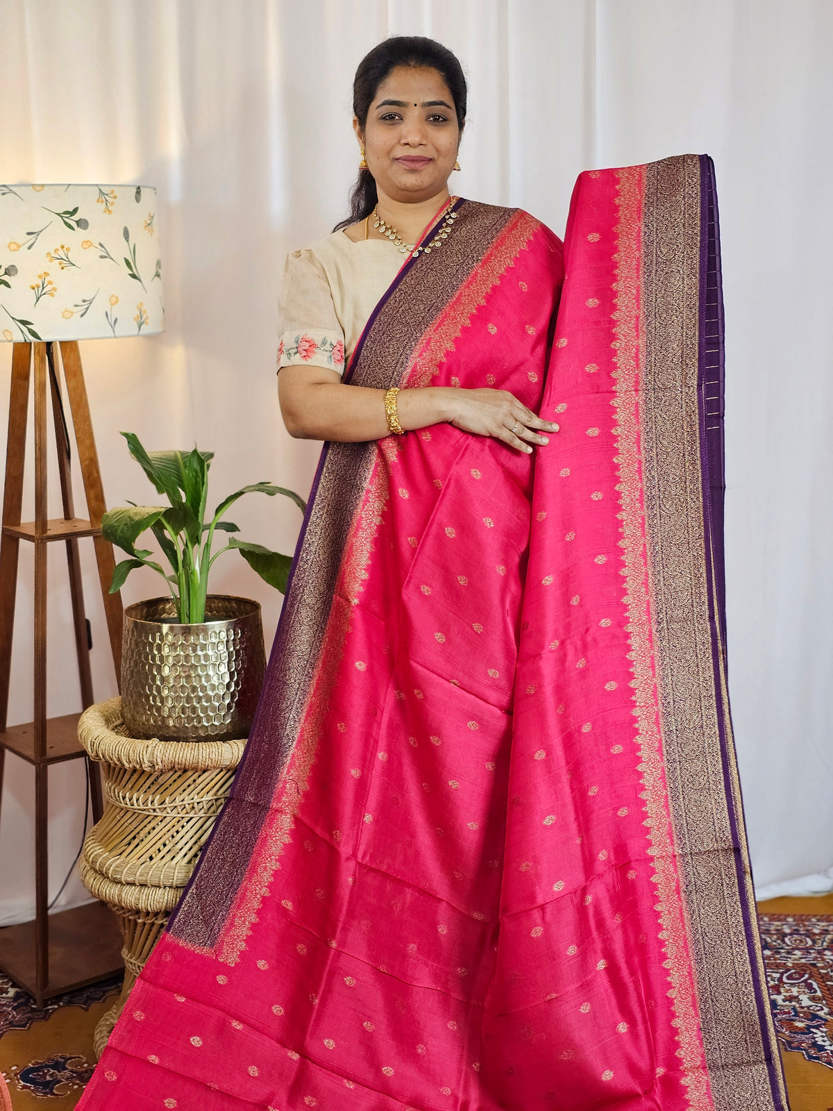 Jute Banarasi Silk Saree - Pink with Purple