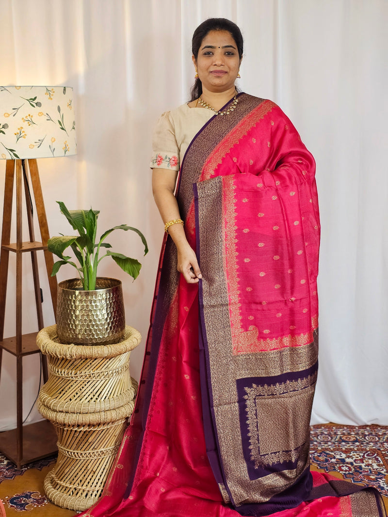 Jute Banarasi Silk Saree - Pink with Purple