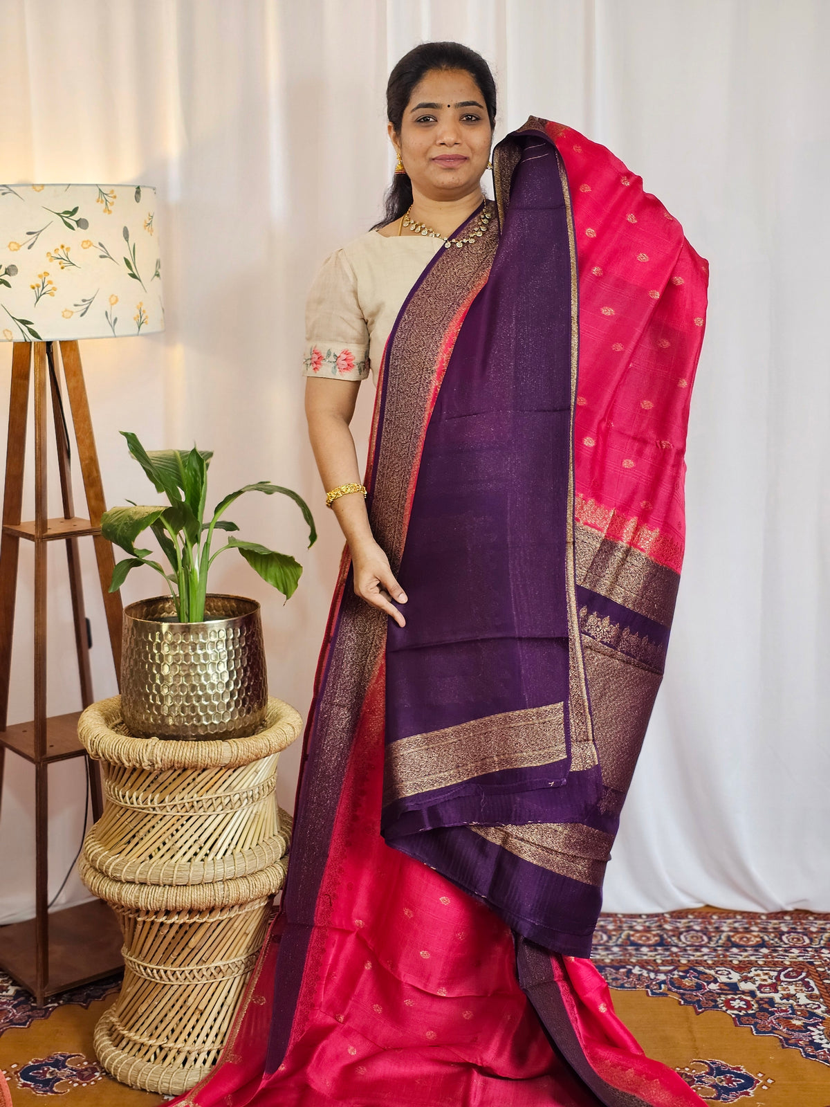 Jute Banarasi Silk Saree - Pink with Purple