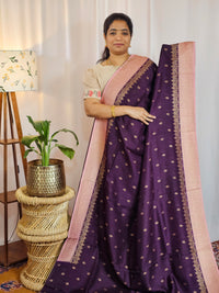 Jute Banarasi Silk Saree - Dark Purple with Pink
