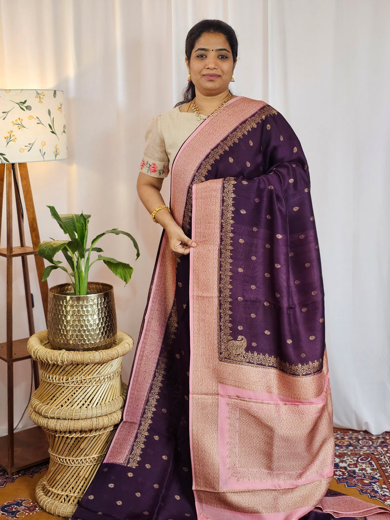 Jute Banarasi Silk Saree - Dark Purple with Pink