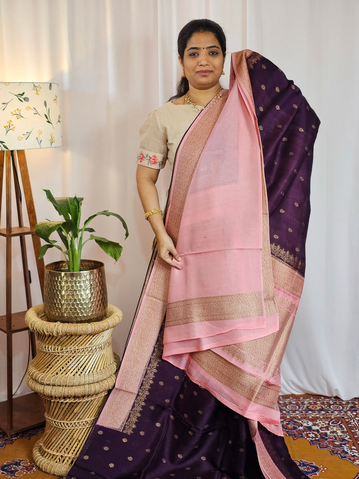 Jute Banarasi Silk Saree - Dark Purple with Pink