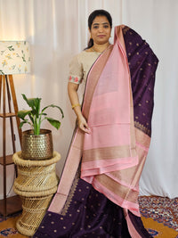 Jute Banarasi Silk Saree - Dark Purple with Pink