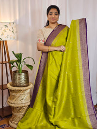 Jute Banarasi Silk Saree - Green with Purple