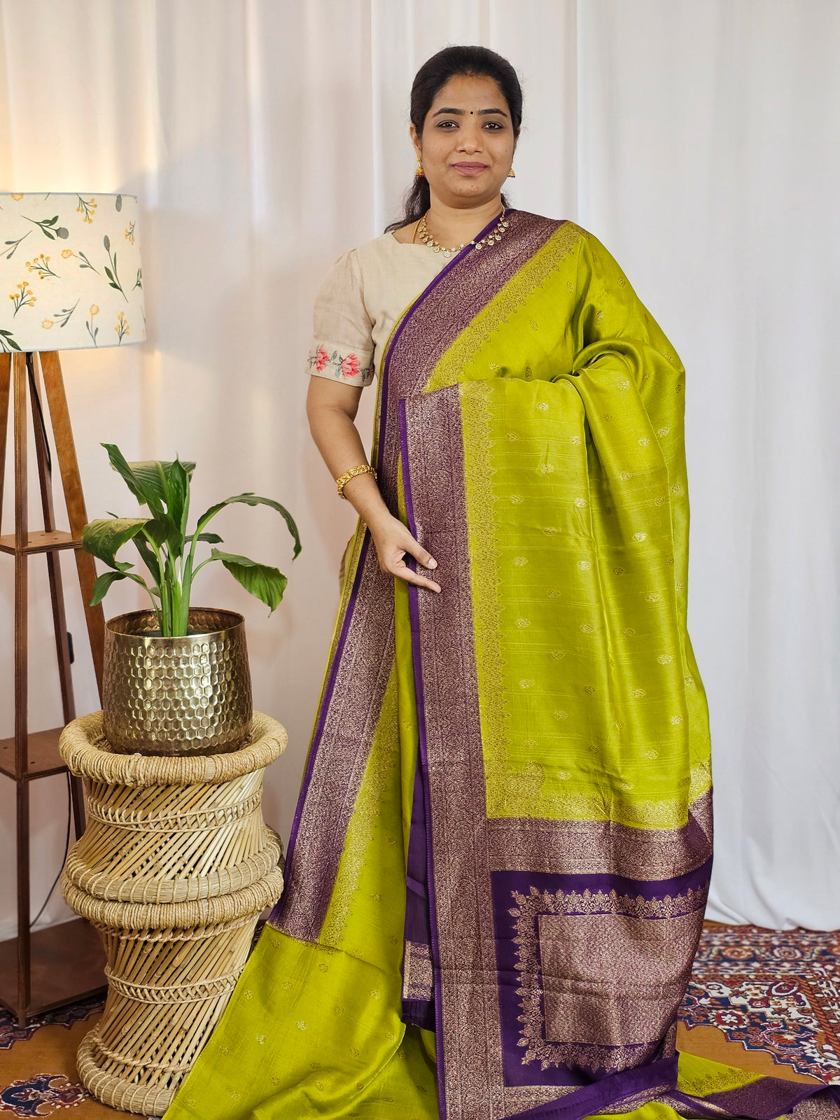 Jute Banarasi Silk Saree - Green with Purple