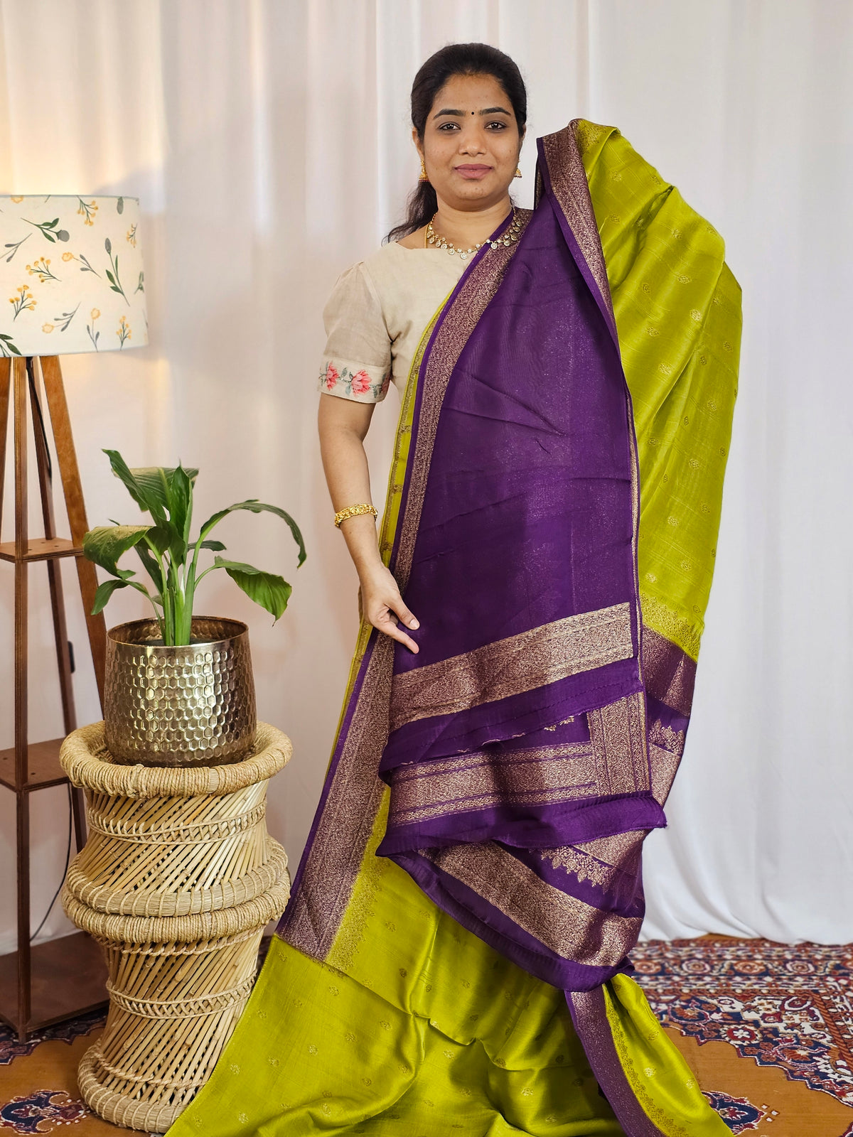 Jute Banarasi Silk Saree - Green with Purple