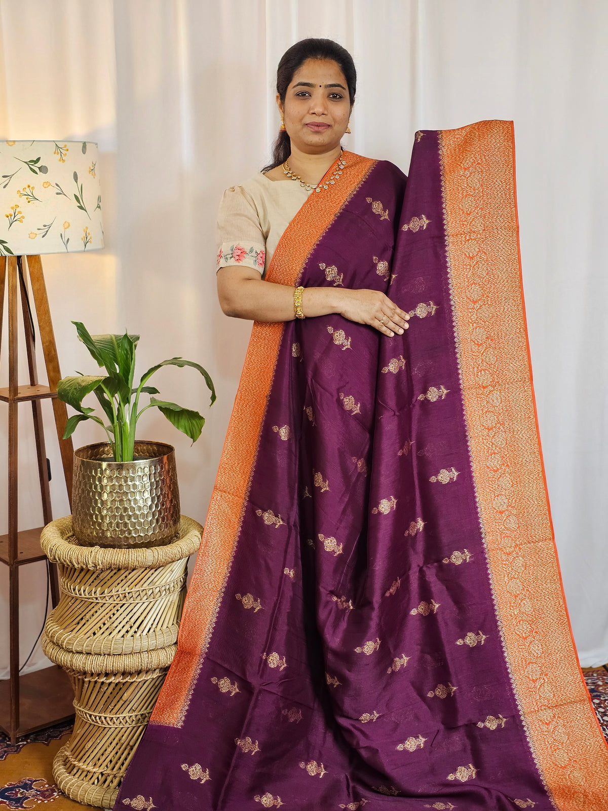 Jute Banarasi Silk Saree - Wine with Orange