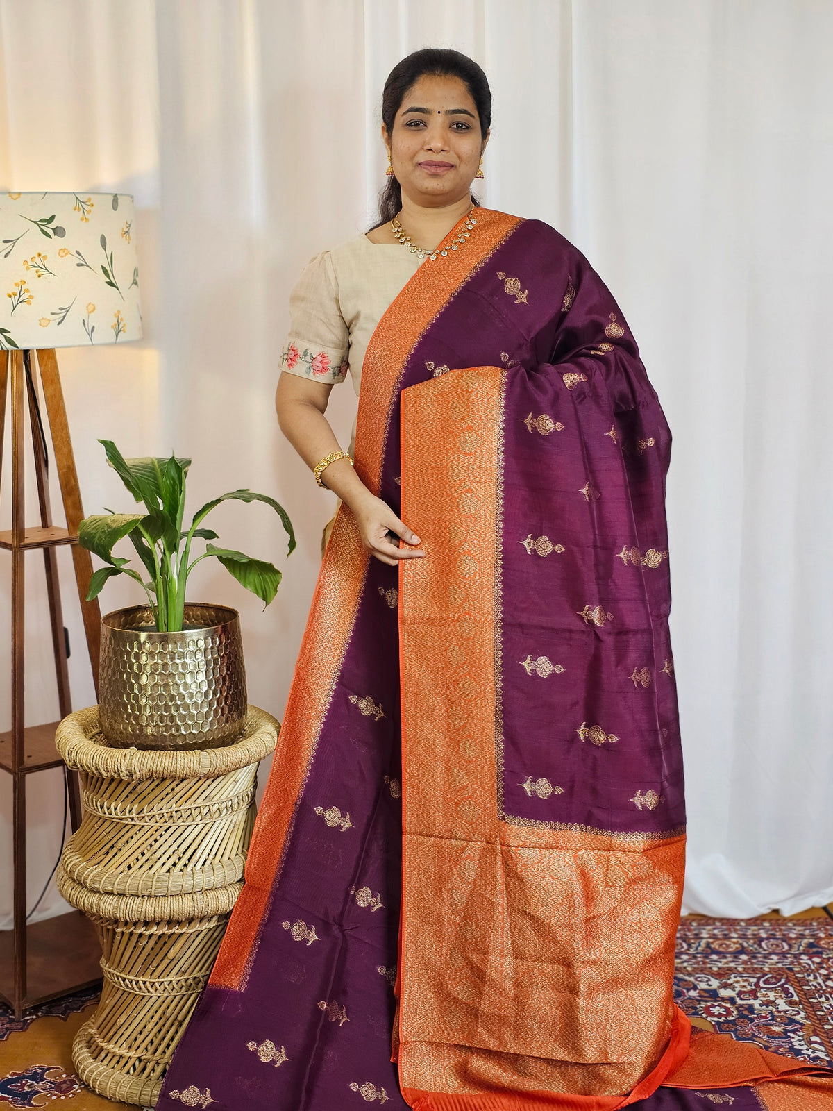 Jute Banarasi Silk Saree - Wine with Orange