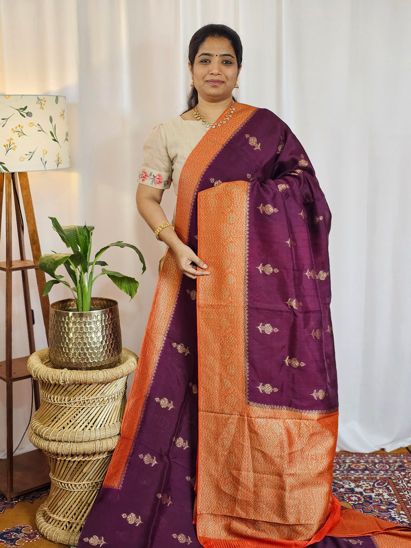 Jute Banarasi Silk Saree - Wine with Orange