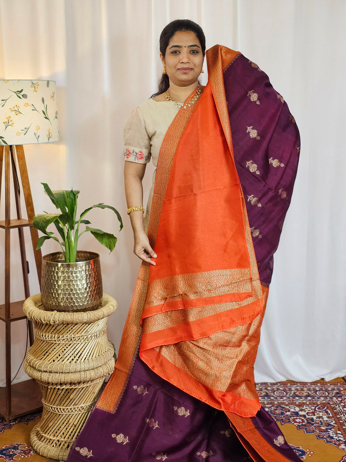 Jute Banarasi Silk Saree - Wine with Orange