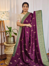 Jute Banarasi Silk Saree - Wine with Green