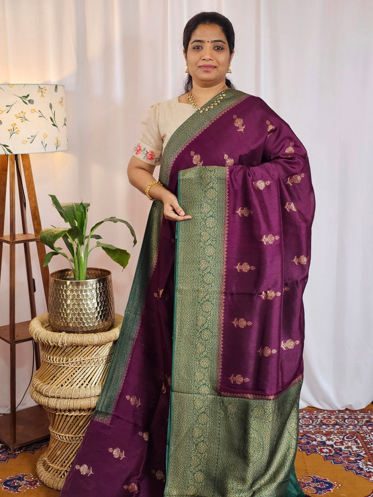 Jute Banarasi Silk Saree - Wine with Green