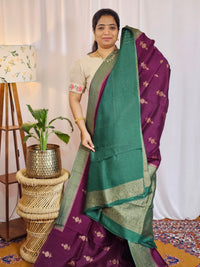 Jute Banarasi Silk Saree - Wine with Green