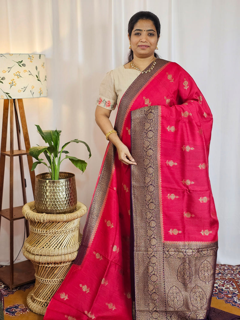 Jute Banarasi Silk Saree - Dark Pink with Purple