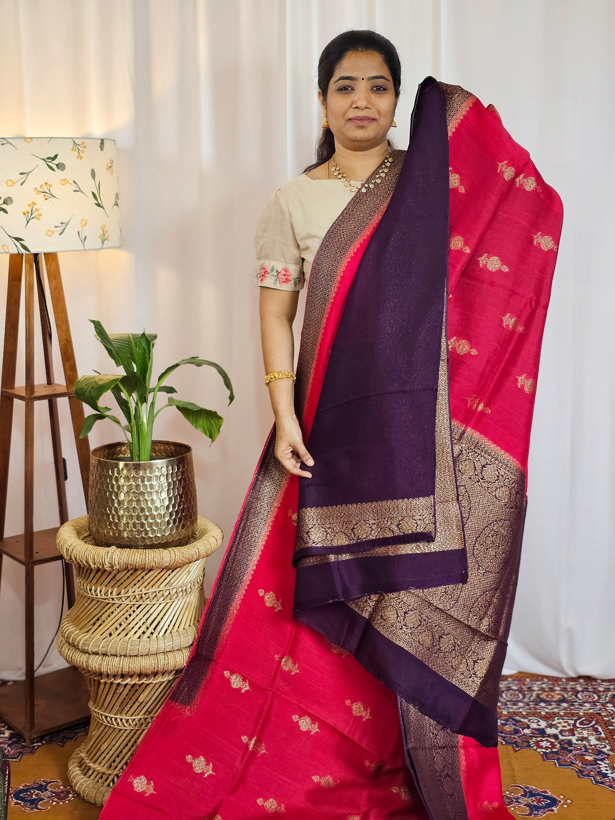 Jute Banarasi Silk Saree - Dark Pink with Purple