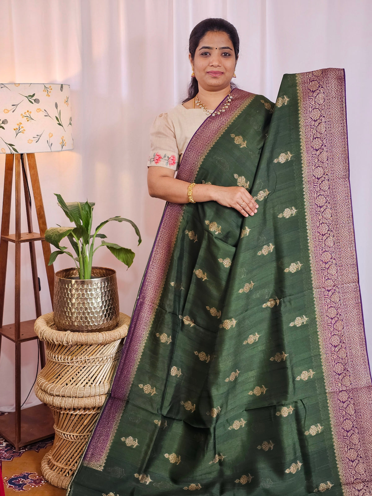 Jute Banarasi Silk Saree - Bottle Green with Purple
