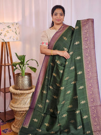Jute Banarasi Silk Saree - Bottle Green with Purple