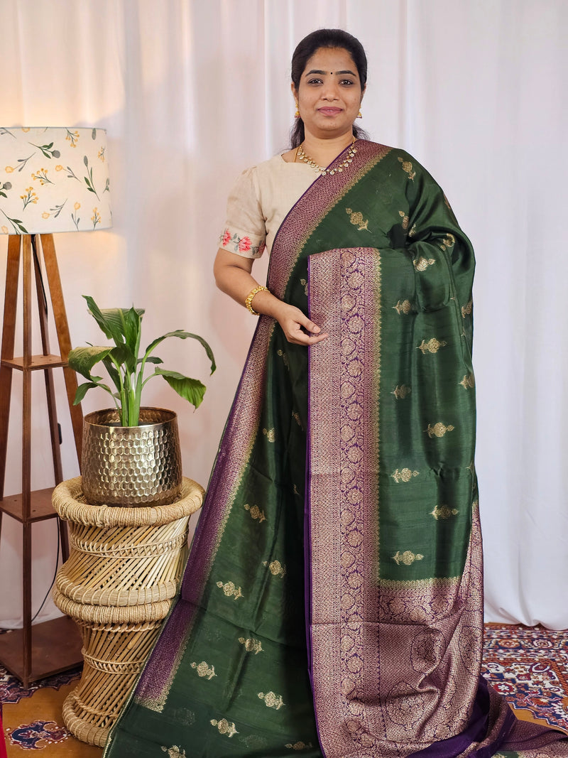 Jute Banarasi Silk Saree - Bottle Green with Purple