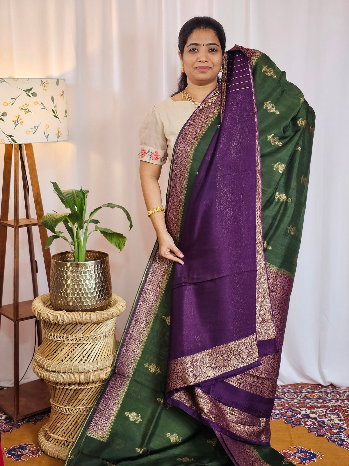 Jute Banarasi Silk Saree - Bottle Green with Purple