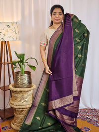 Jute Banarasi Silk Saree - Bottle Green with Purple